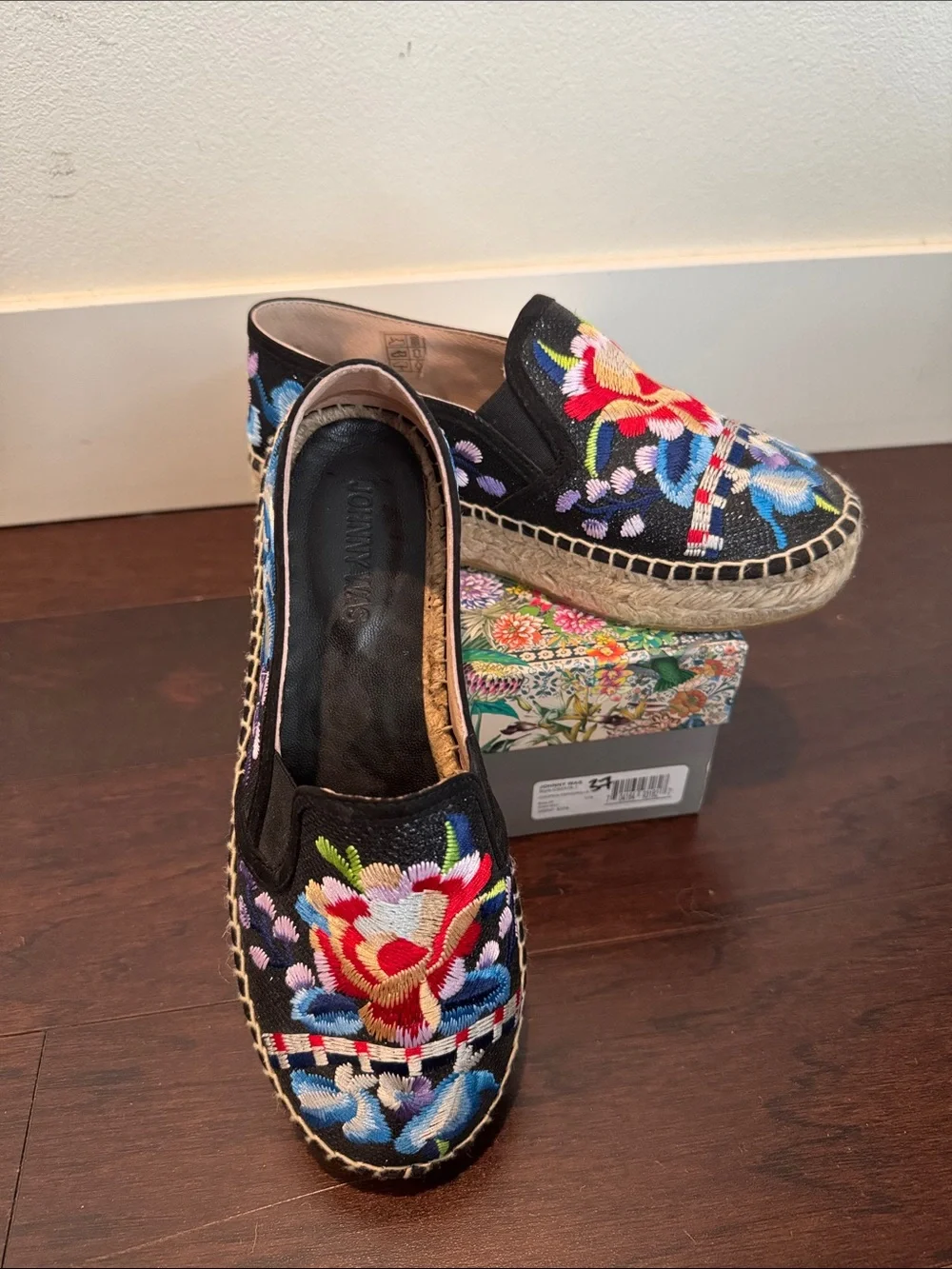 Johnny Was Black Floral Embroidered Espadrille Flats